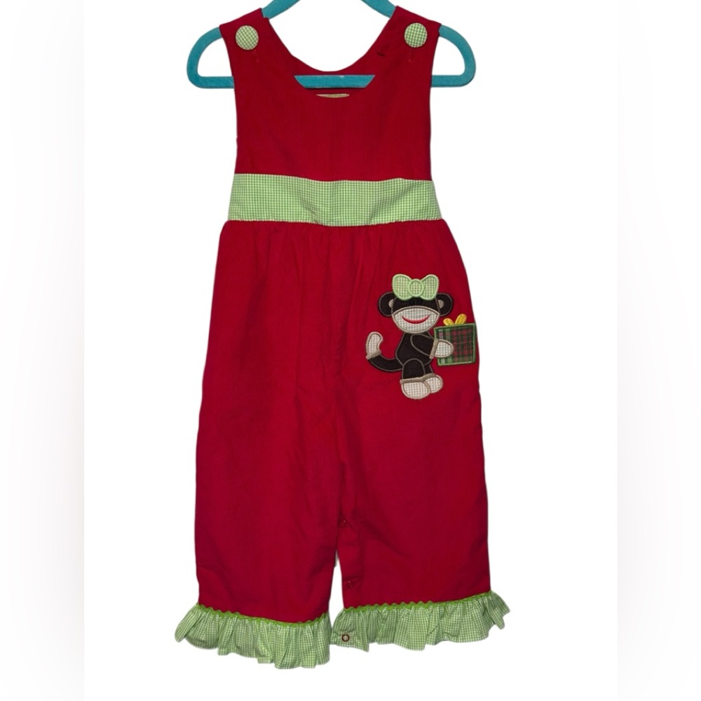 Stellybelly‎ Light Corduroy Monkey Appliqué Ruffle Overalls Button Shoulder Bow